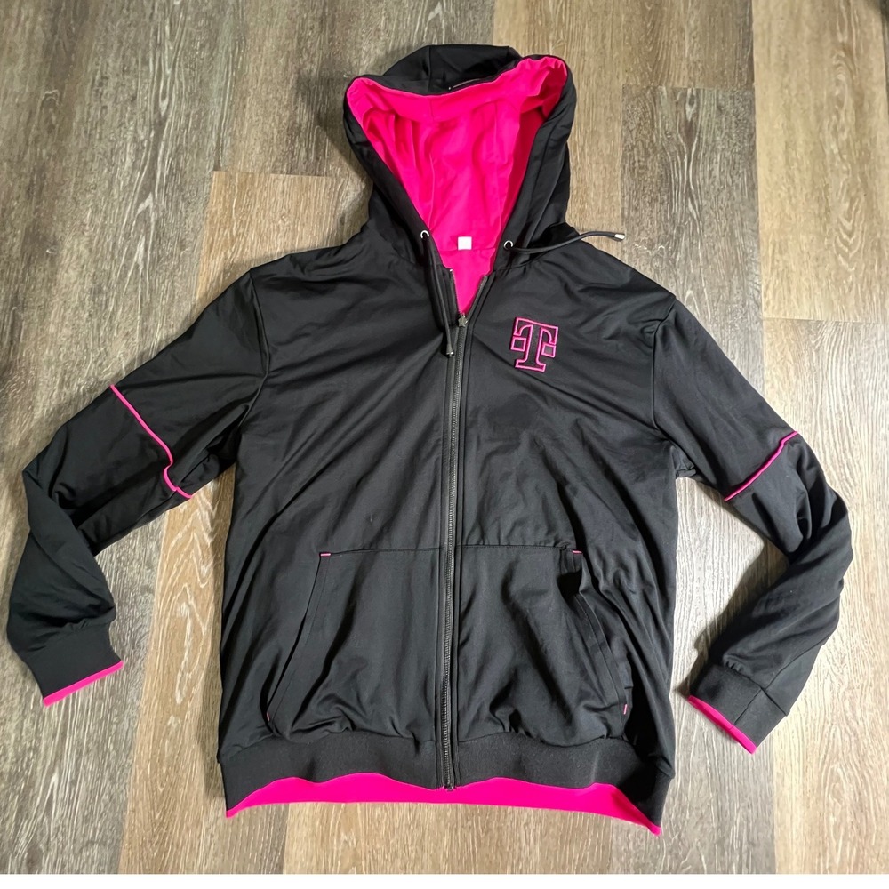 T-Mobile Full Zip Hoodie Mens Medium Black Pink Embroidered Logo Lightweight